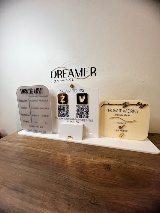 Business sign with price list, logo, scan to pay and info