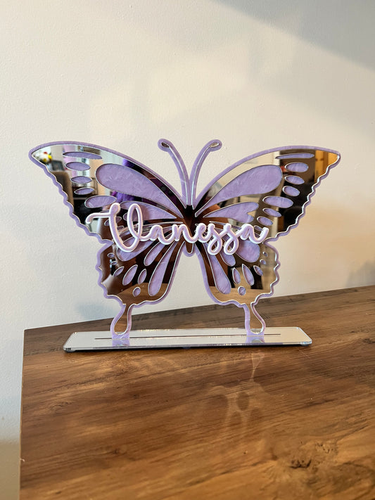 Custom Layered Acrylic Name Sign with Butterfly Design and Stand