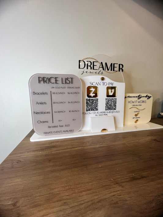 Business sign with price list, logo, scan to pay and info