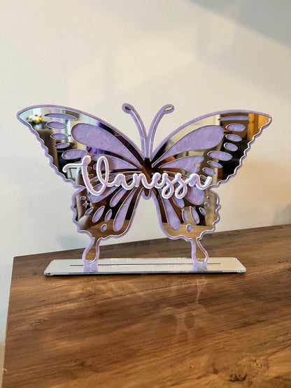 Custom Layered Acrylic Name Sign with Butterfly Design and Stand