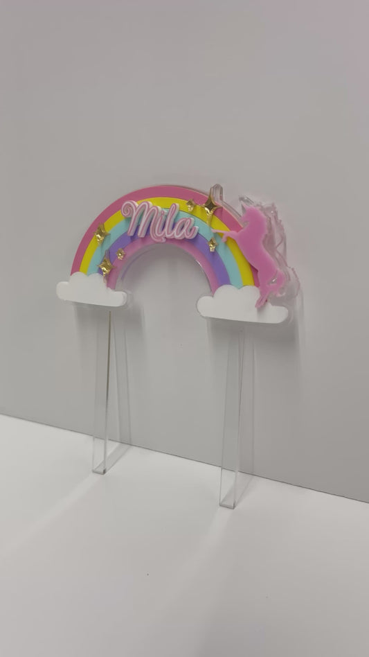 Personalized Rainbow Unicorn Acrylic Cake Topper I Custom Name Birthday Cake Decoration